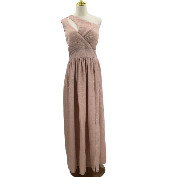 FORMAL PARTY SZ 14 1X plus Shimmer Pink Cut-Out One-Shoulder Maxi Dress NEW b21 - Picture 1 of 7